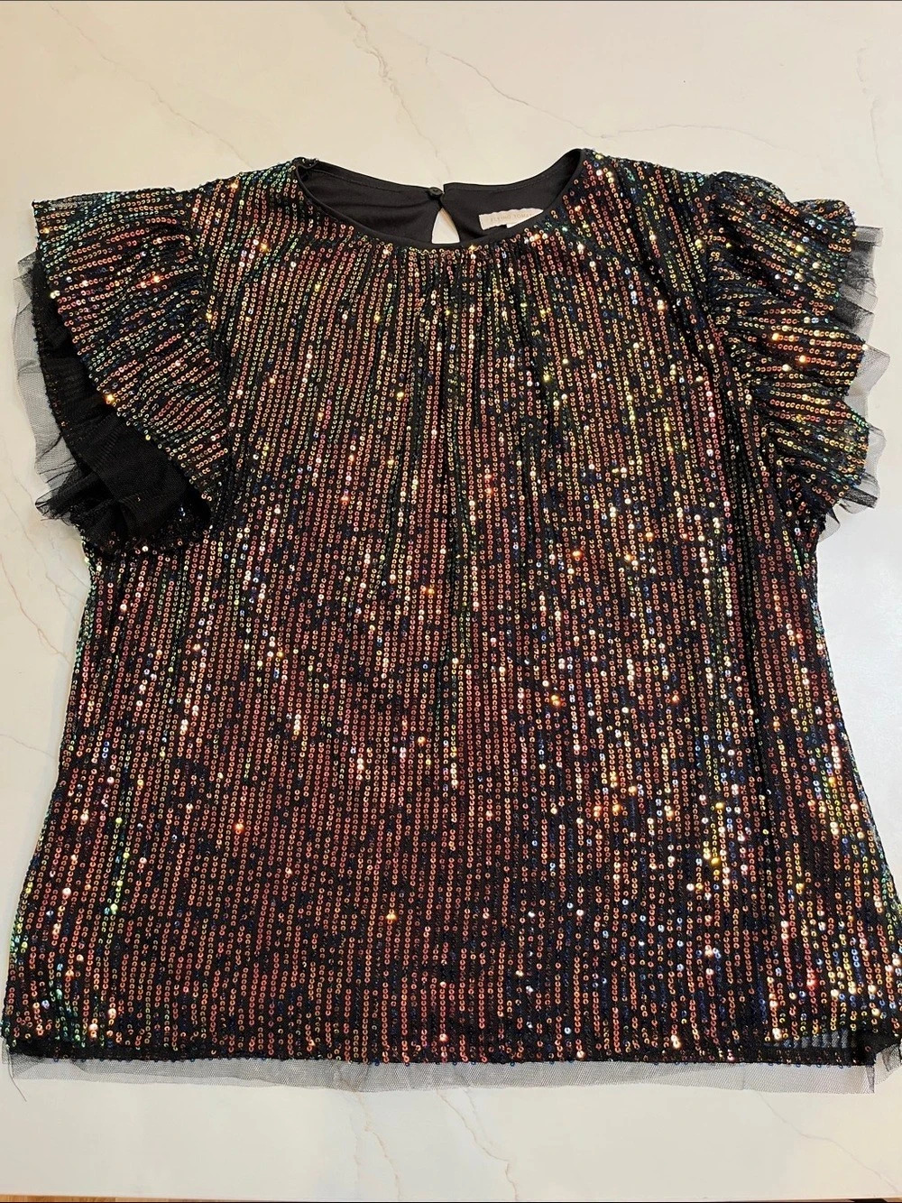 Flying Tomato Sequin Ruffle Sleeve Top in Black & Multicolor XL Like New